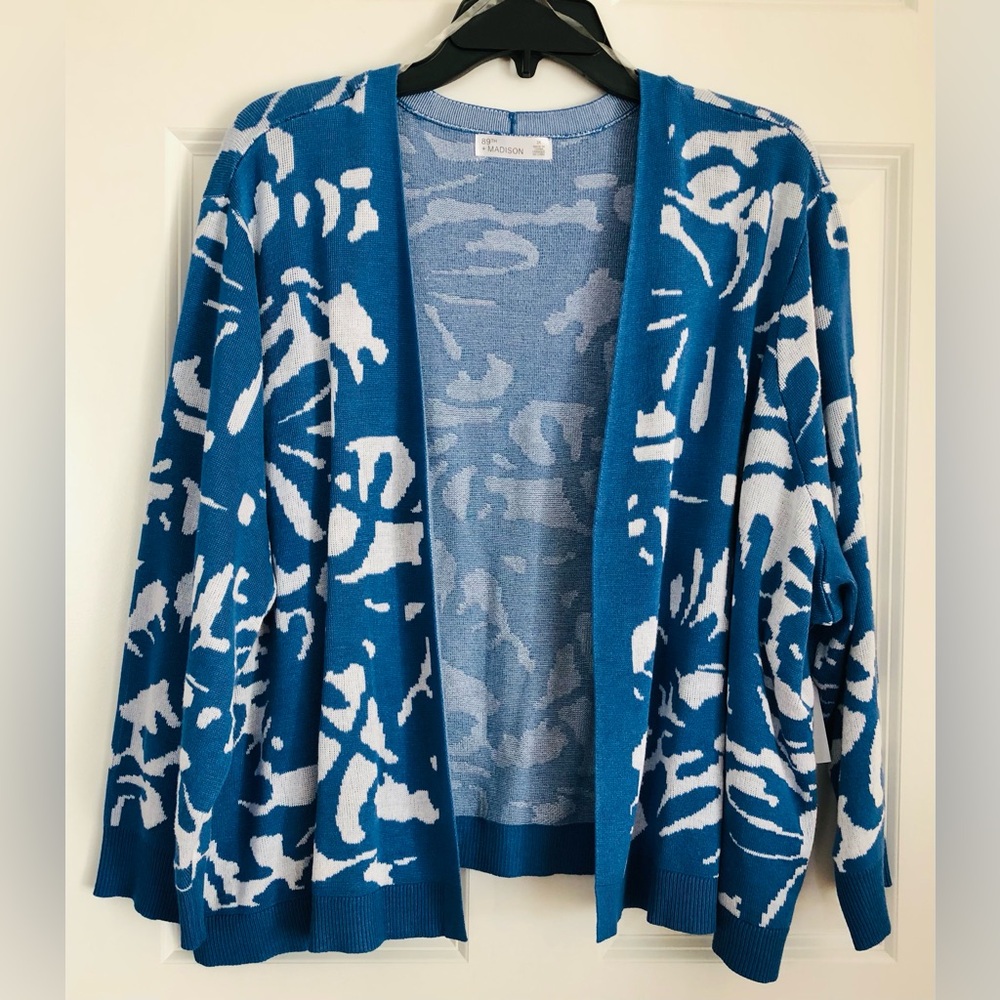 89TH + MADISON WOMENS SWEATER PLUS SIZE 3X CARDIGA BLUE/WHITE KNIT OPEN FRONT